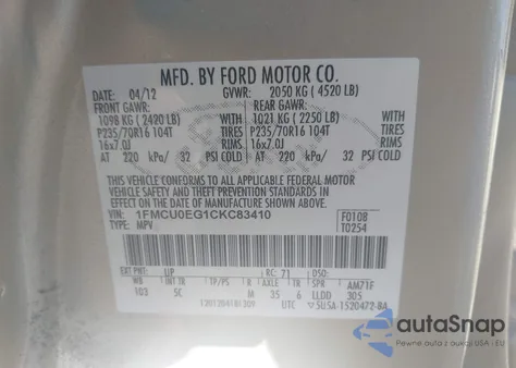 2012 Ford Escape Limited z USA, uszkodzony, nr VIN 1FMCU0EG1CKC83410